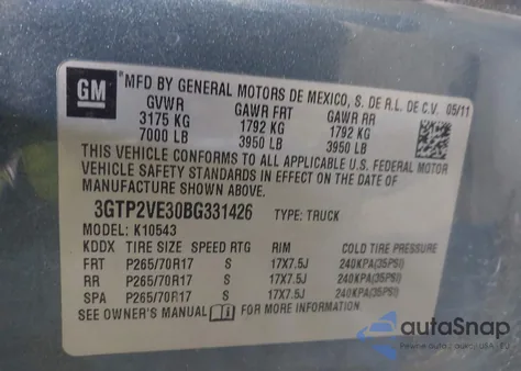 2011 GMC Sierra 1500 Sle z USA, uszkodzony, nr VIN 3GTP2VE30BG331426